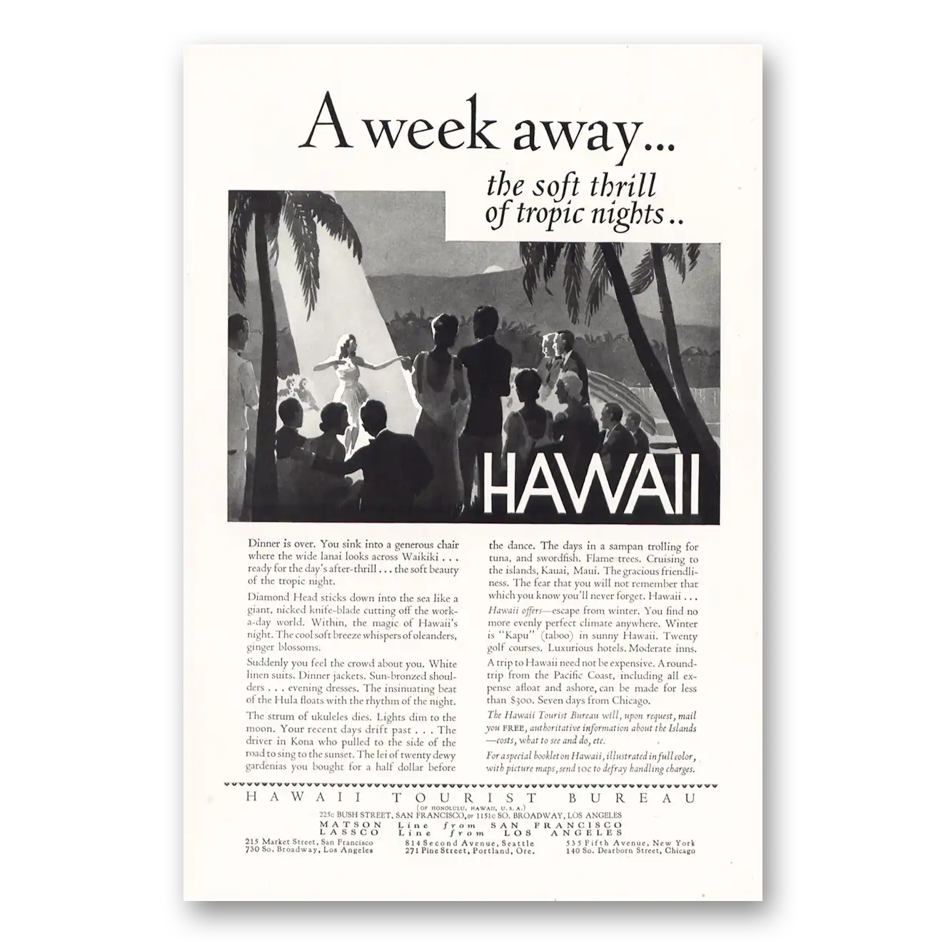 1931 Hawaii Week Away the Soft Thrill Tropic Nights Vintage Magazine Print Ad