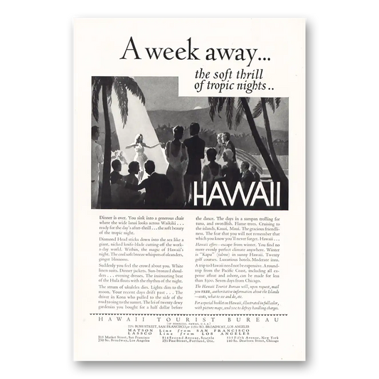 1931 Hawaii Week Away the Soft Thrill Tropic Nights Vintage Magazine Print Ad