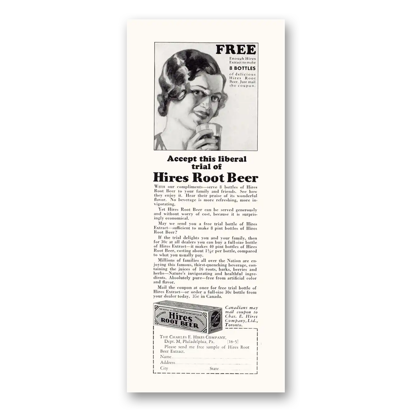 1931 Hires Root Beer Liberal Trial Vintage Magazine Print Ad