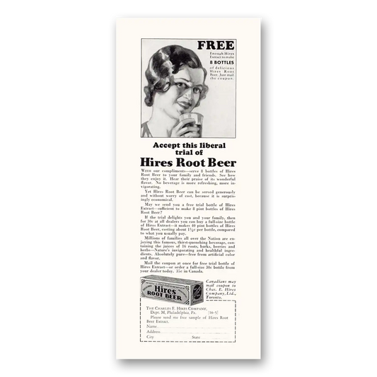 1931 Hires Root Beer Liberal Trial Vintage Magazine Print Ad