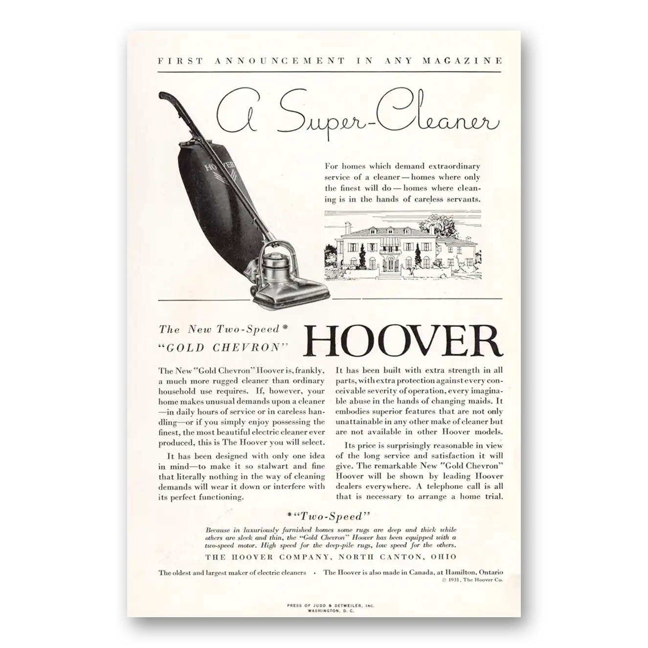 1931 Hoover Vacuum Super Cleaner Vintage Magazine Print Ad