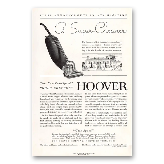 1931 Hoover Vacuum Super Cleaner Vintage Magazine Print Ad