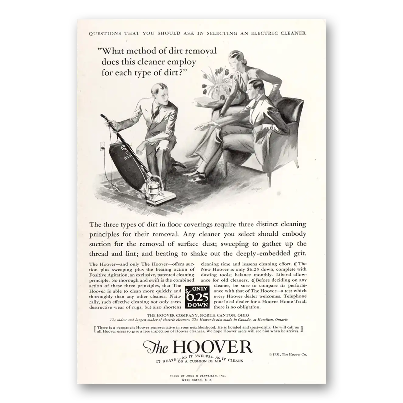 1931 Hoover Vacuum Method of Dirt Removal Vintage Magazine Print Ad