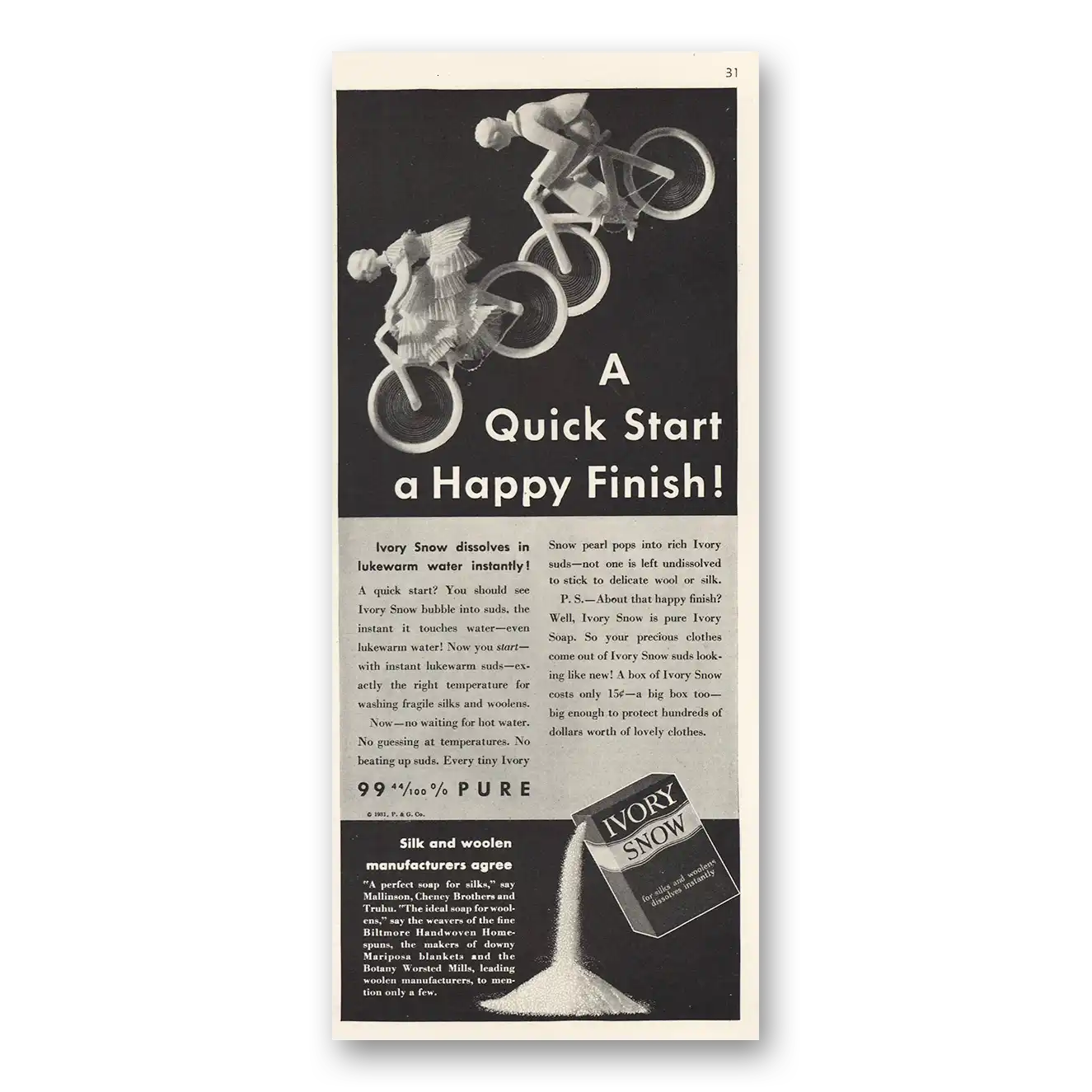 1931 Ivory Snow Quick Start Happy Finish Vintage Magazine Print Ad