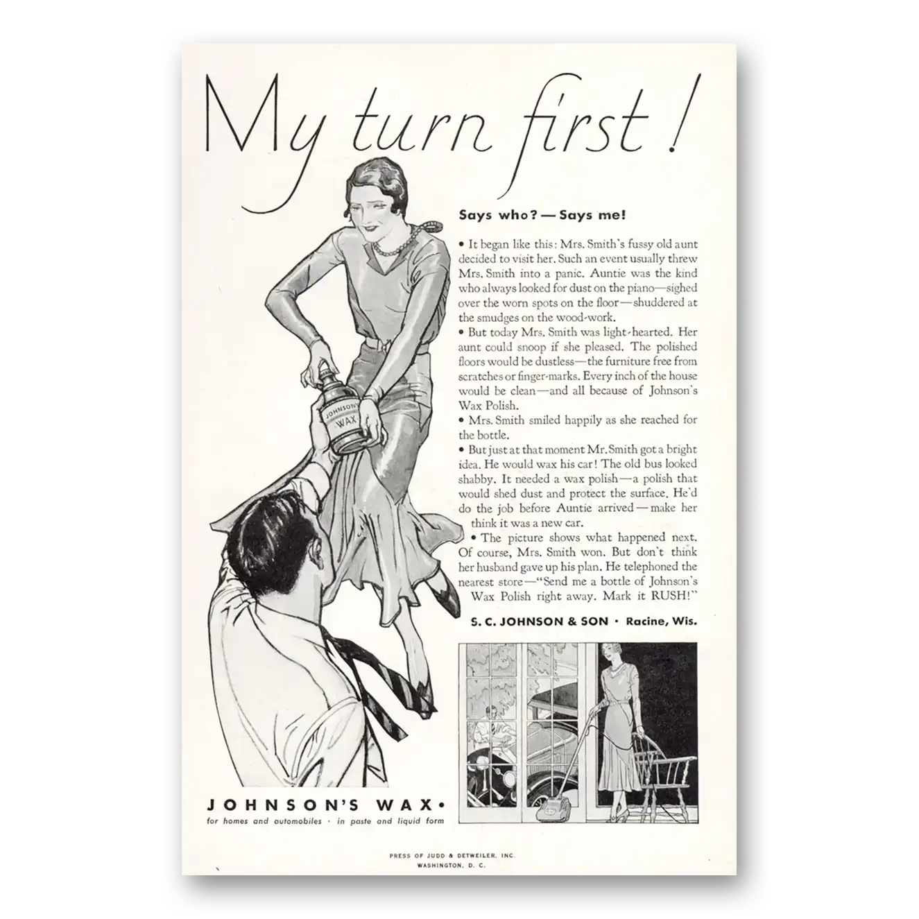 1931 Johnsons Wax My Turn First Vintage Magazine Print Ad