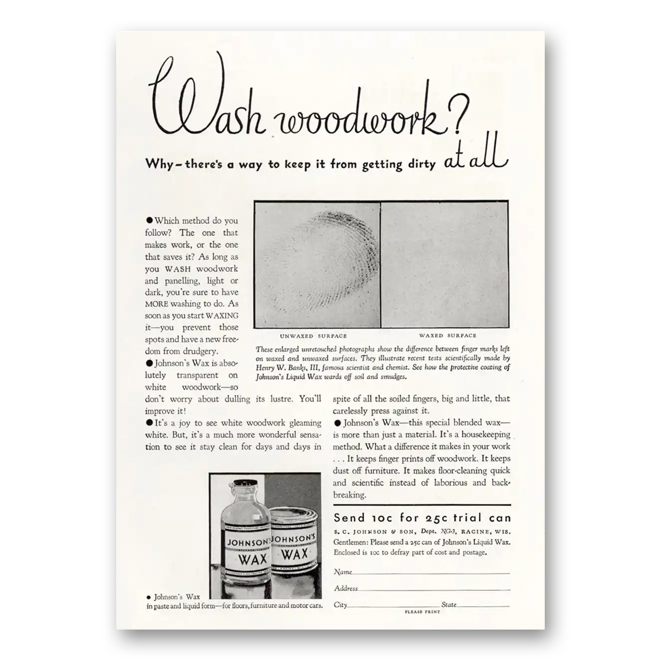 1931 Johnsons Wax Wash Woodwork Vintage Magazine Print Ad