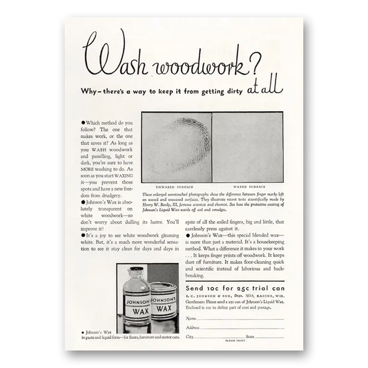 1931 Johnsons Wax Wash Woodwork Vintage Magazine Print Ad