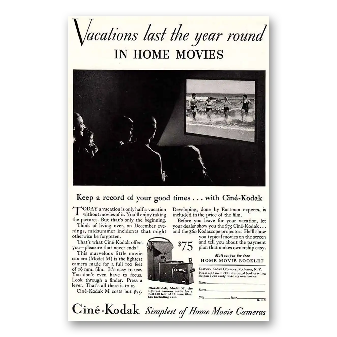 1931 Cine Kodak M Camera Vacations Last the Year Round Vintage Magazine Print Ad