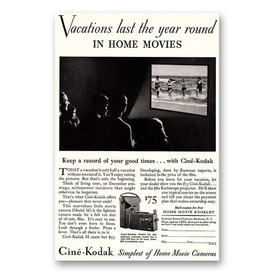 1931 Cine Kodak M Camera Vacations Last the Year Round Vintage Magazine Print Ad