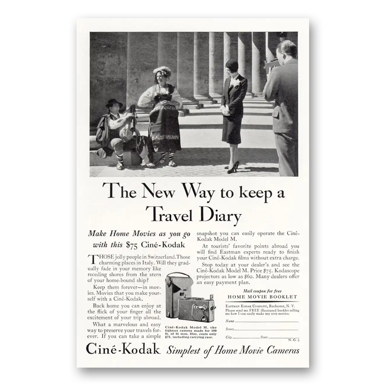 1931 Cine Kodak M Camera Travel Diary Vintage Magazine Print Ad