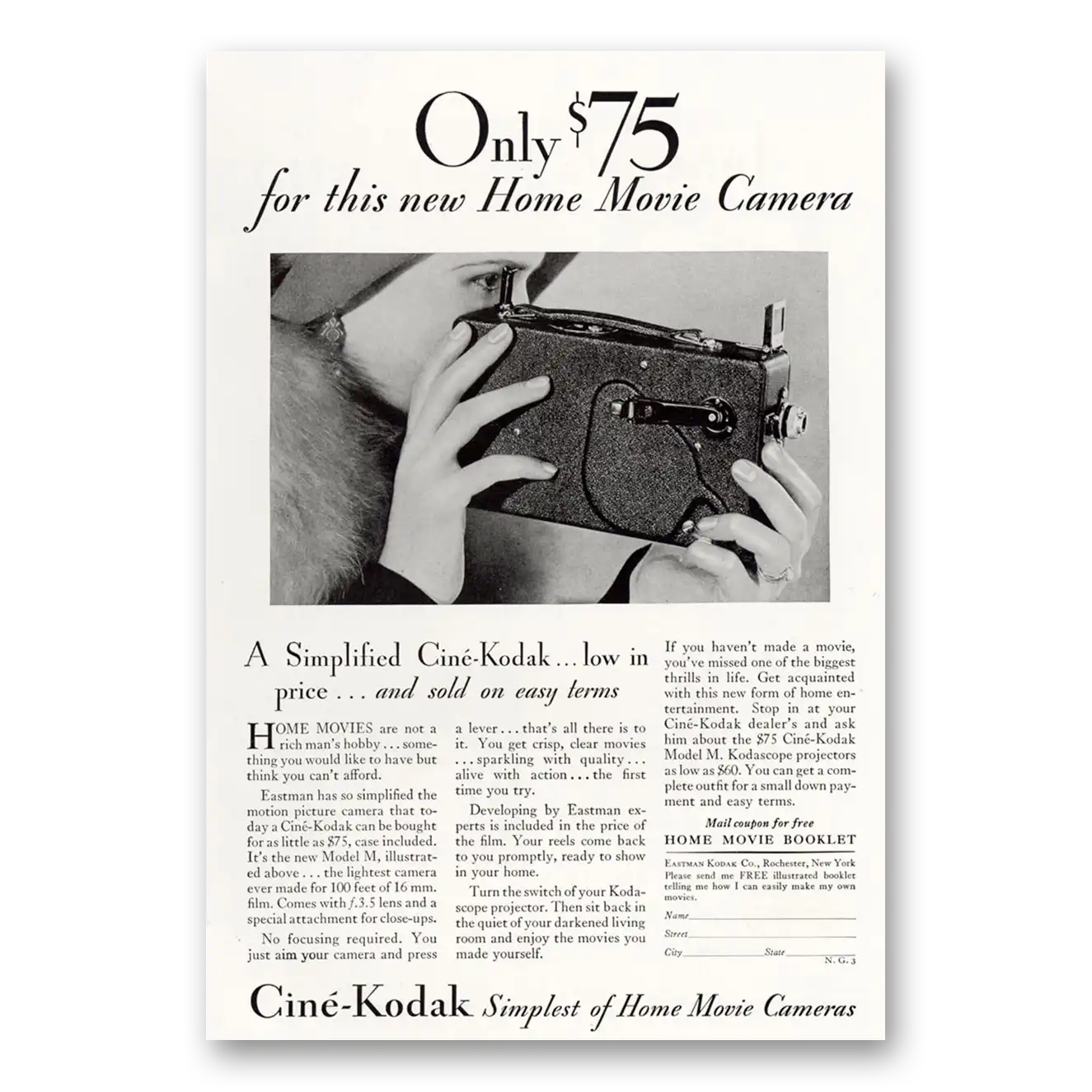 1931 Cine Kodak M Camera Home Movie Camera Vintage Magazine Print Ad