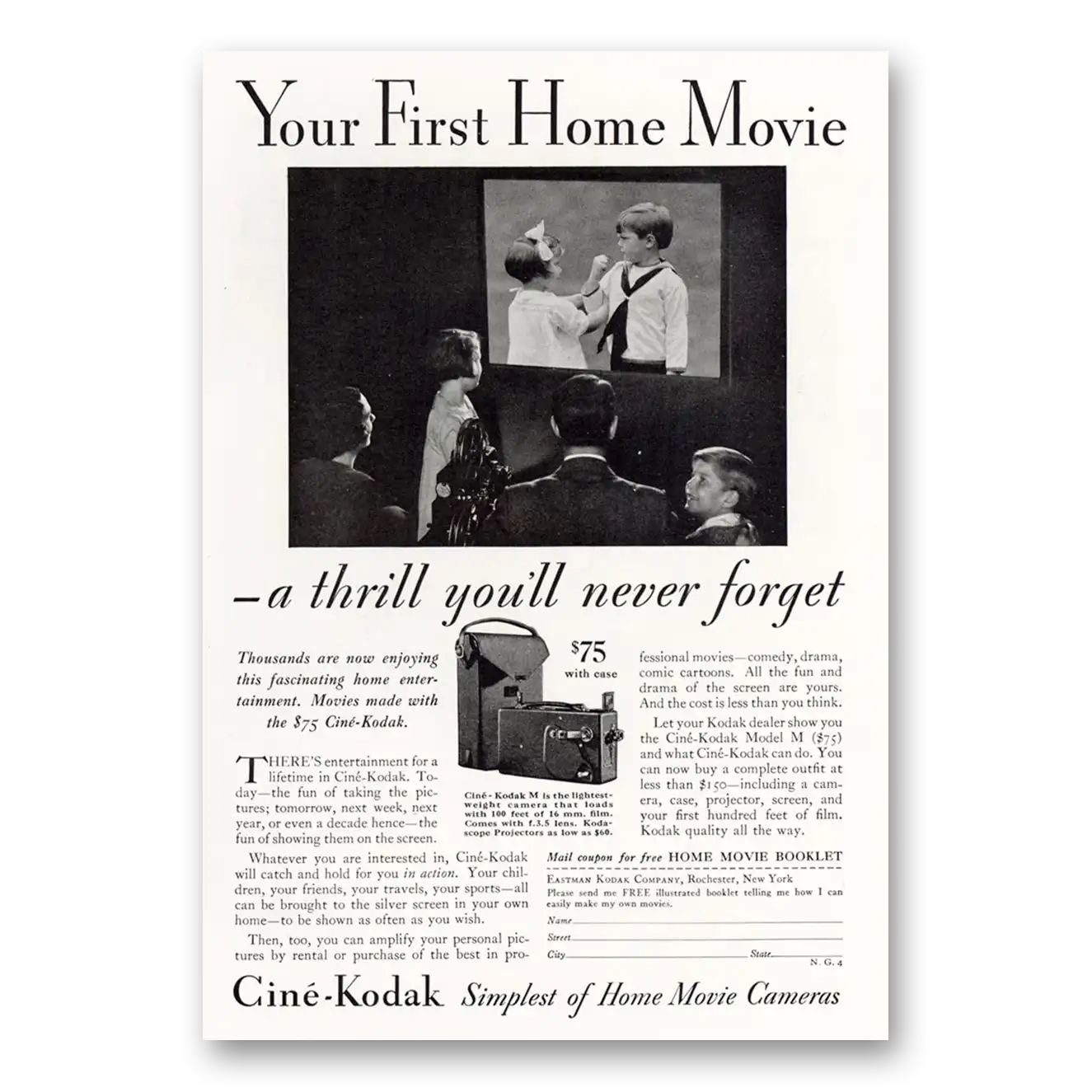 1931 Cine Kodak M Camera First Home Movie a Thrill Never Forget Vintage Magazine Print Ad