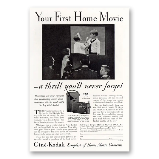 1931 Cine Kodak M Camera First Home Movie a Thrill Never Forget Vintage Magazine Print Ad