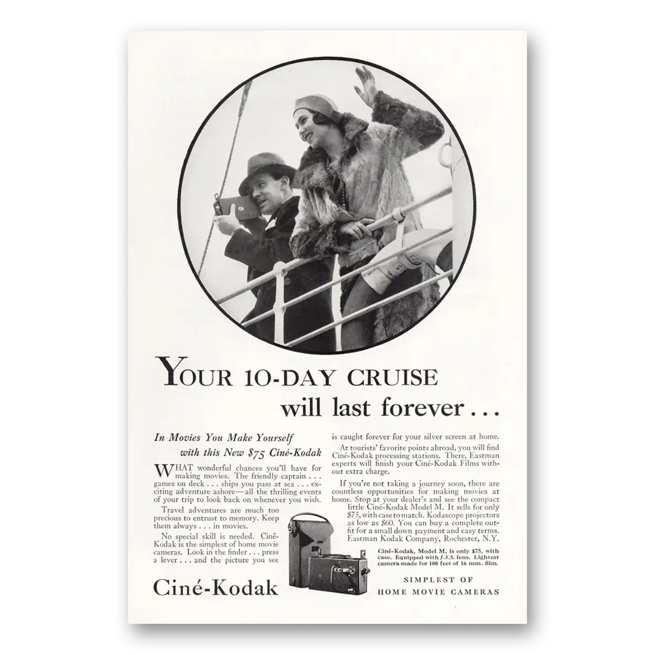 1931 Cine Kodak M Camera Cruise Will Last Forever Vintage Magazine Print Ad