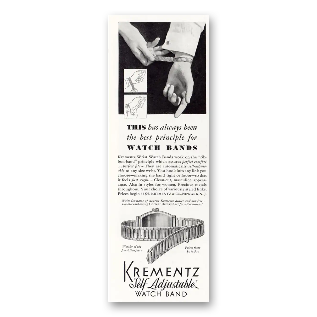 1931 Krementz Jewelry Best Principle for Watch Bands Vintage Magazine Print Ad