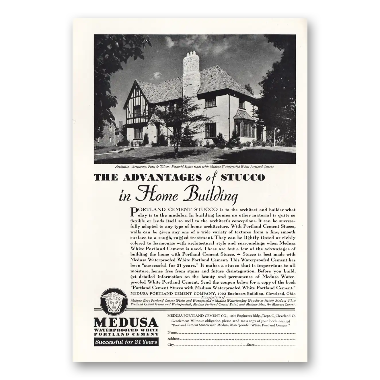 1931 Medusa Portland Cement Stucco Home Building Vintage Magazine Print Ad