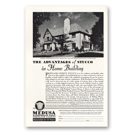 1931 Medusa Portland Cement Stucco Home Building Vintage Magazine Print Ad