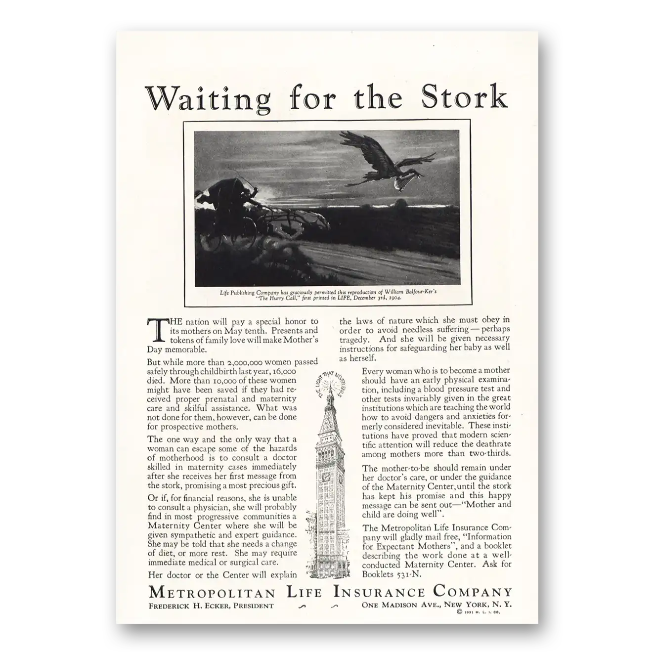 1931 Metropolitan Life Insurance Waiting for the Stork Vintage Magazine Print Ad