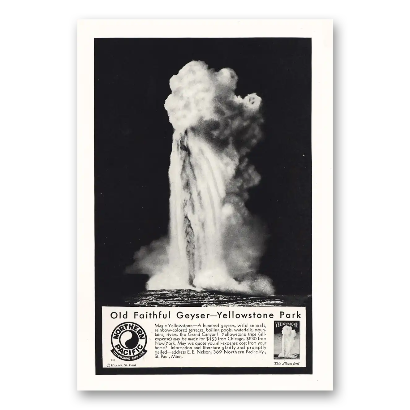 1931 Northern Pacific Railway Old Faithful Geyser Vintage Magazine Print Ad