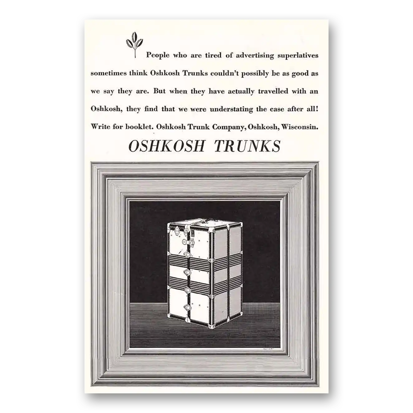 1931 Oshkosh Trunks and Luggage Advertising Superlatives Vintage Magazine Print Ad