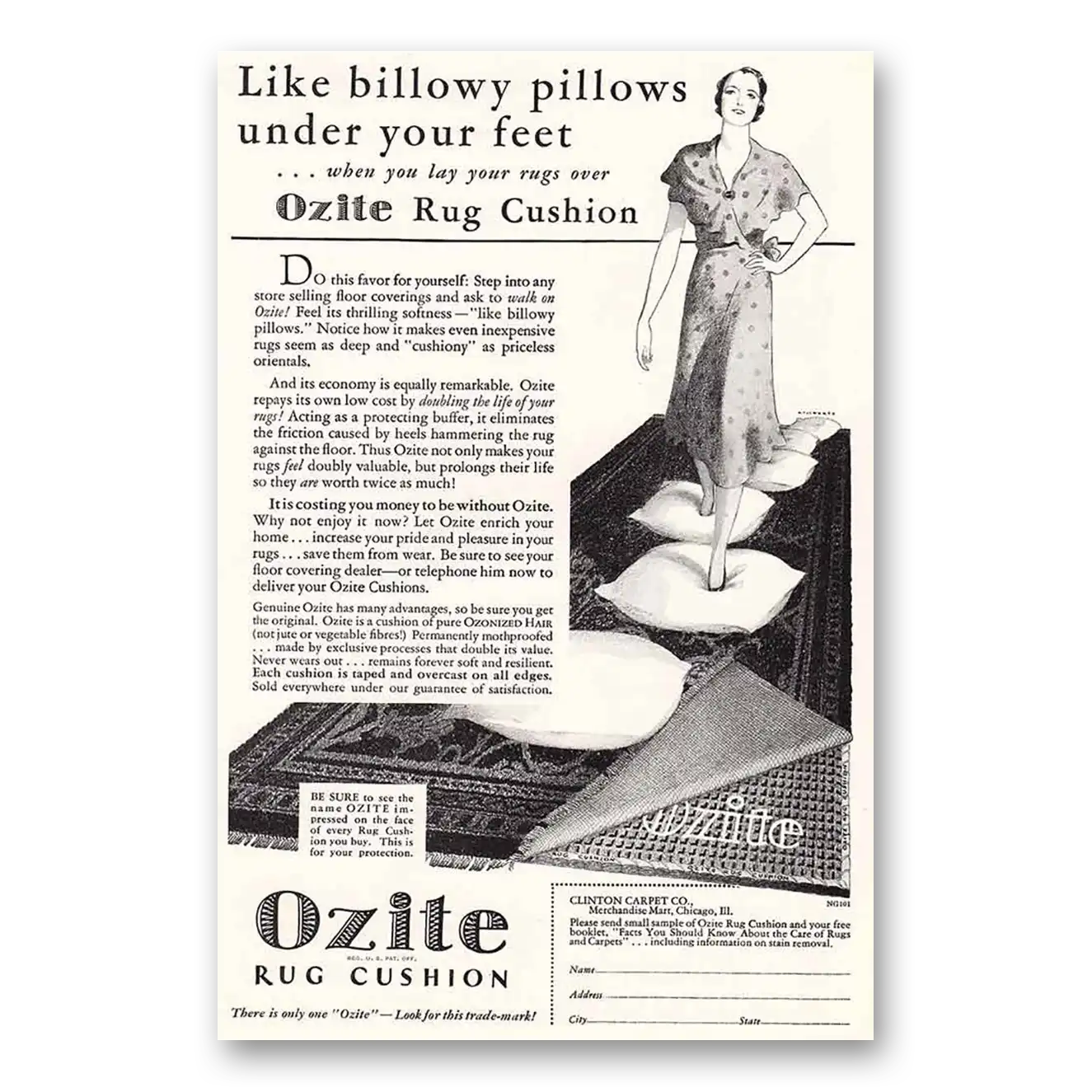 1931 Ozite Carpet Cushion Billowy Pillows Vintage Magazine Print Ad