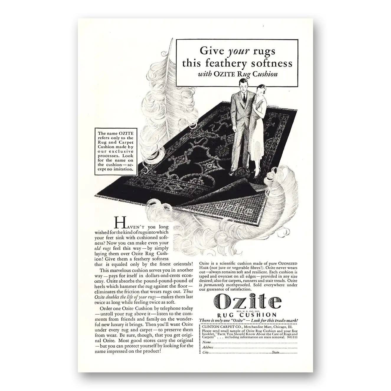 1931 Ozite Carpet Cushion Feathery Softness Vintage Magazine Print Ad