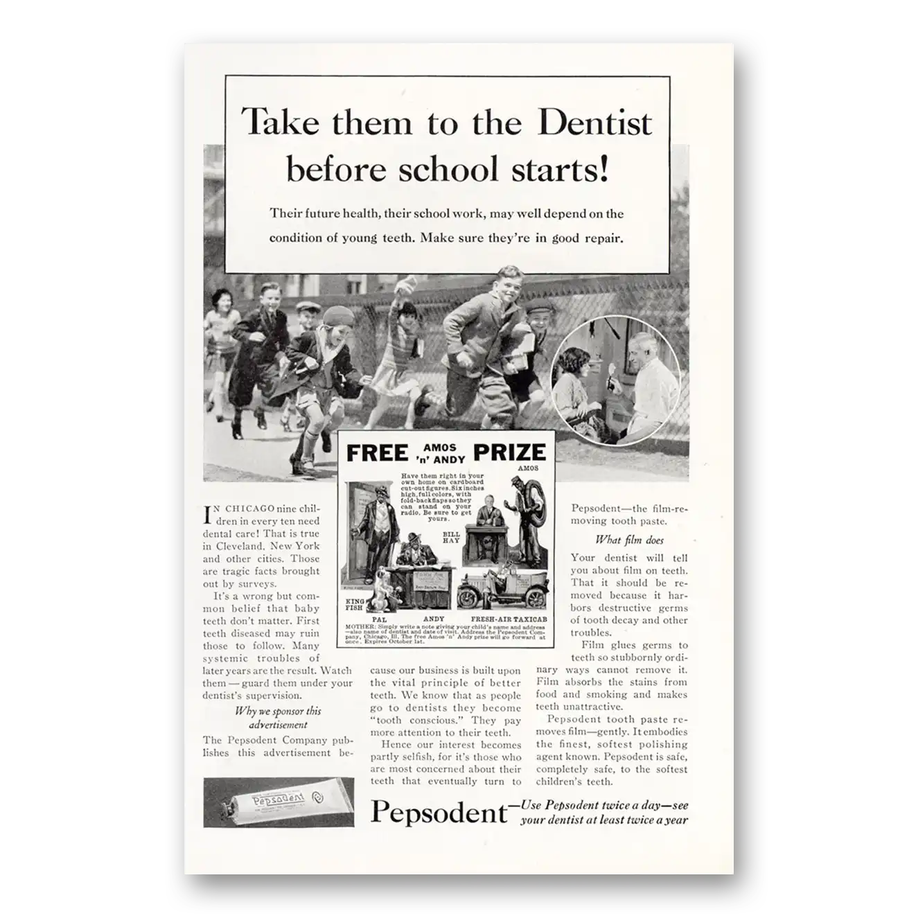 1931 Pepsodent Take Them to the Dentist Before School Starts Vintage Magazine Print Ad