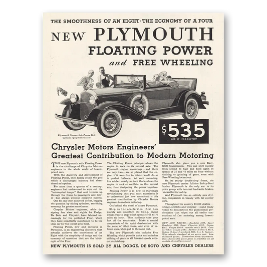 1931 Plymouth Floating Power and Free Wheeling Vintage Magazine Print Ad