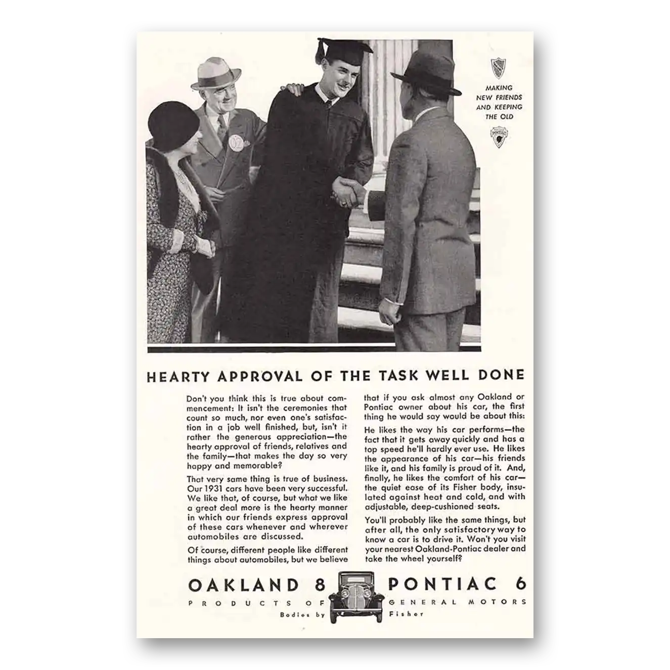 1931 Oakland 8 and Pontiac 6 Hearty Approval of the Task Well Done Vintage Magazine Print Ad