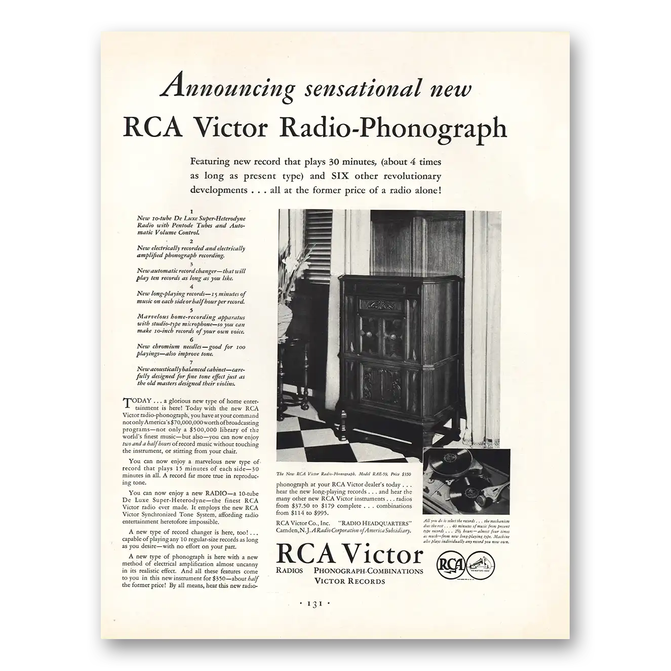 1931 RCA Victor Phonograph Radio Radio Phonograph Sensational Vintage Magazine Print Ad