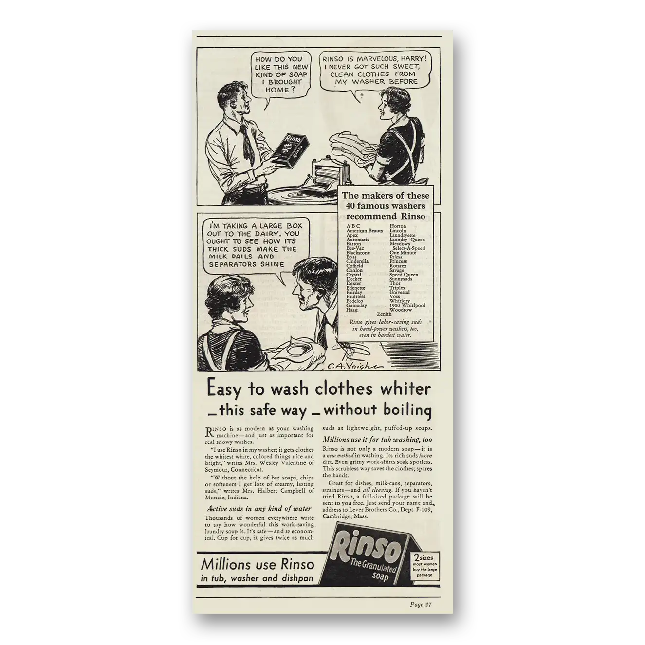 1931 Rinso Soap Wash Clothes Whiter Vintage Magazine Print Ad