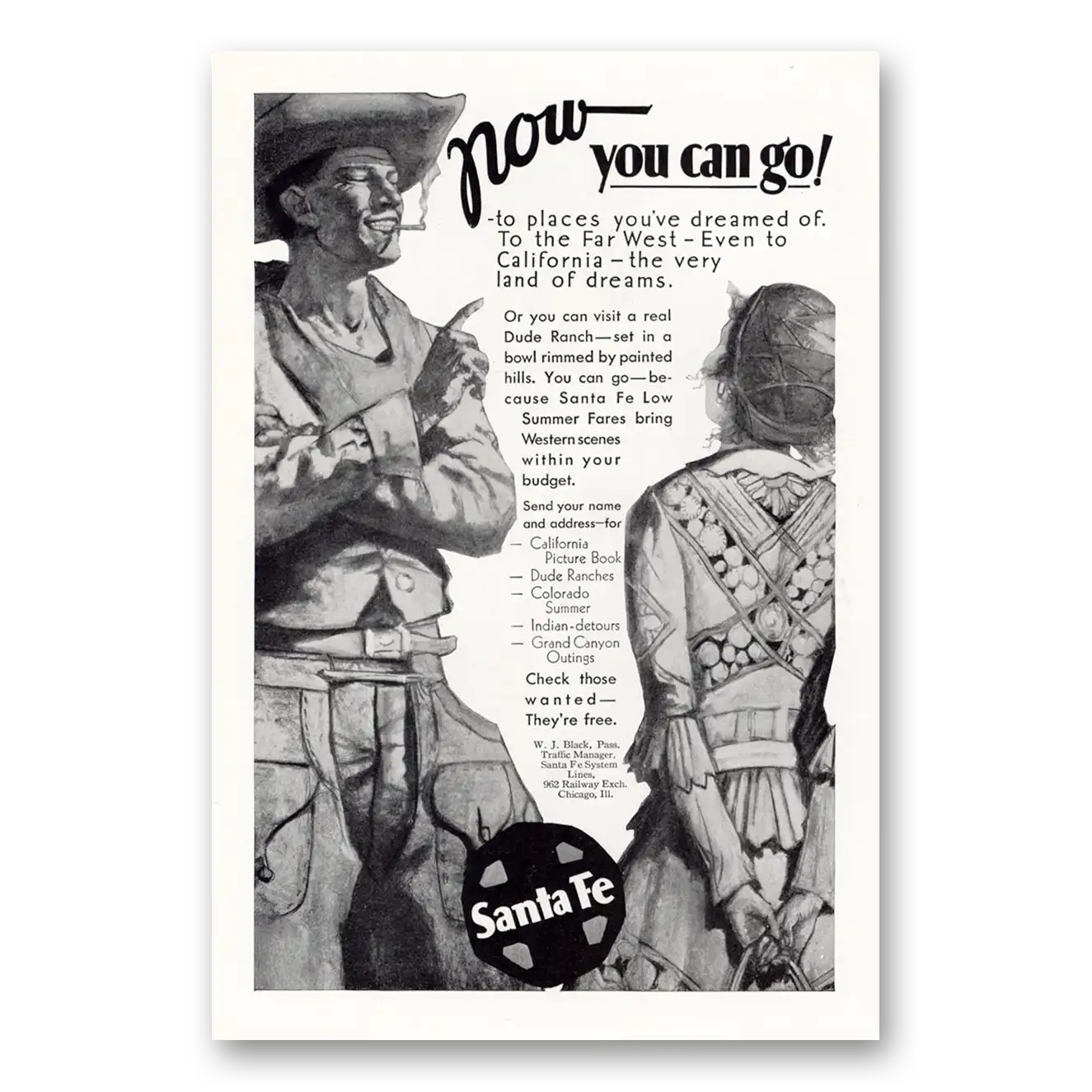 1931 Santa Fe Railway Now You Can Go Vintage Magazine Print Ad