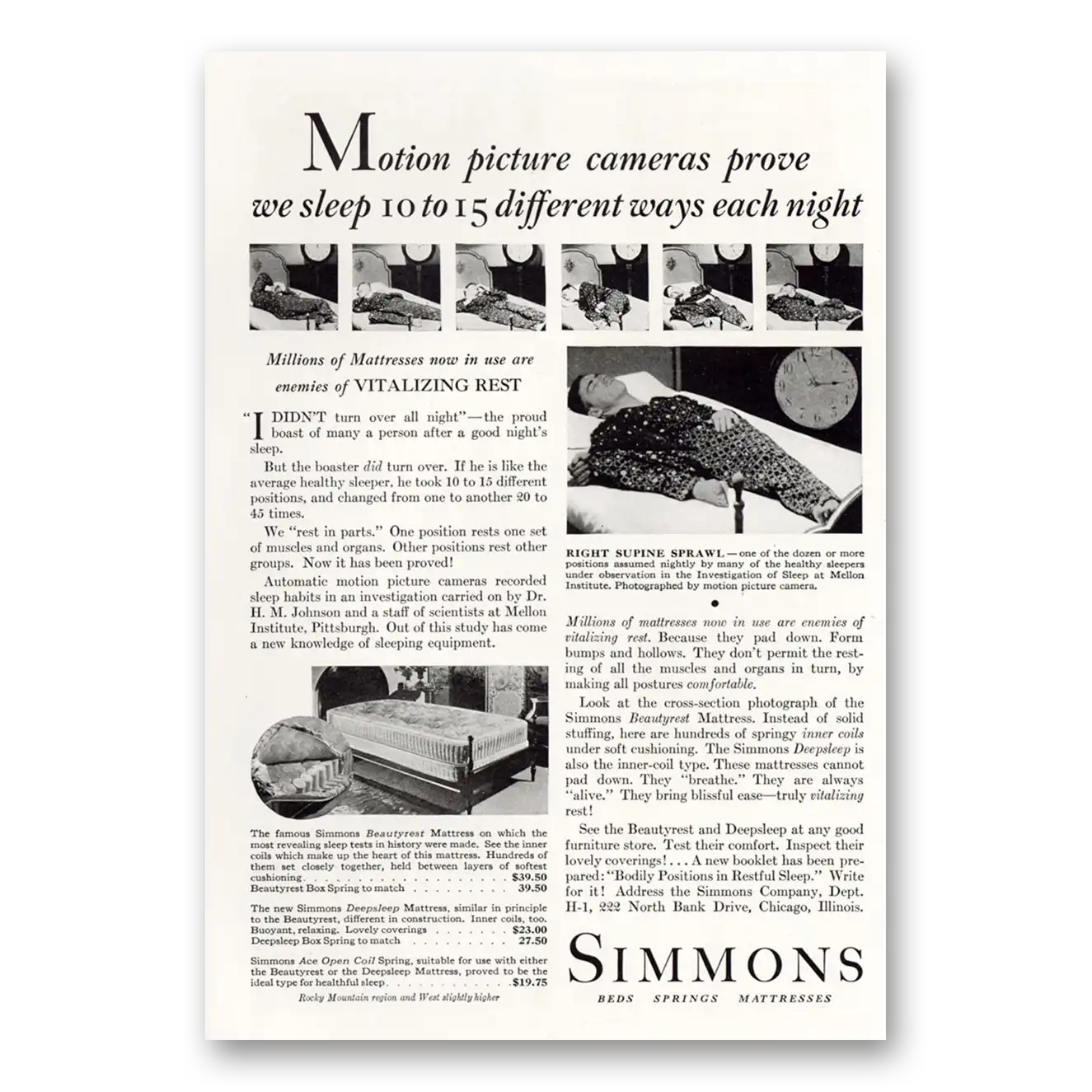 1931 Simmons Bed Mattresses Sleep 10 to 15 Ways Each Night Vintage Magazine Print Ad