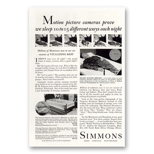 1931 Simmons Bed Mattresses Sleep 10 to 15 Ways Each Night Vintage Magazine Print Ad