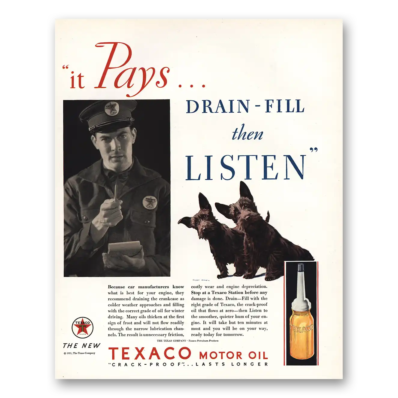 1931 Texaco Motor Oil Drain Fill Then Listen Vintage Magazine Print Ad