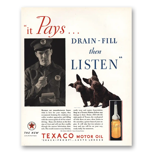 1931 Texaco Motor Oil Drain Fill Then Listen Vintage Magazine Print Ad