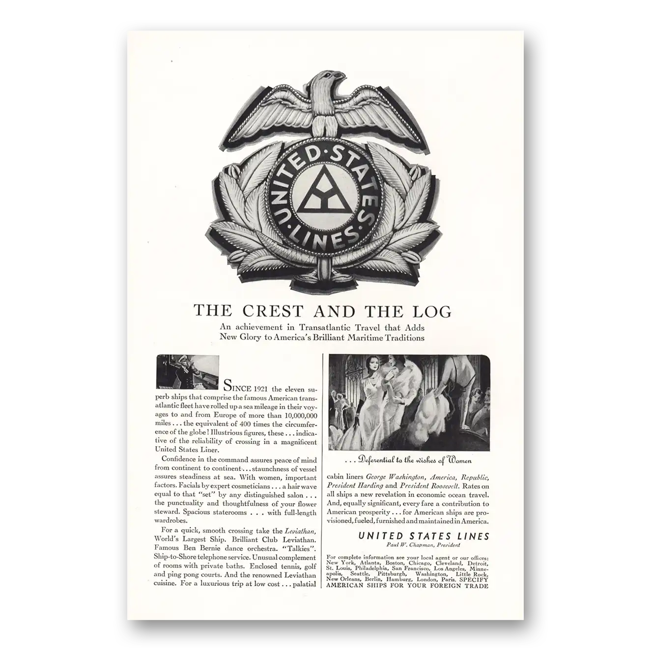 1931 United States Lines Crest and the Log Vintage Magazine Print Ad