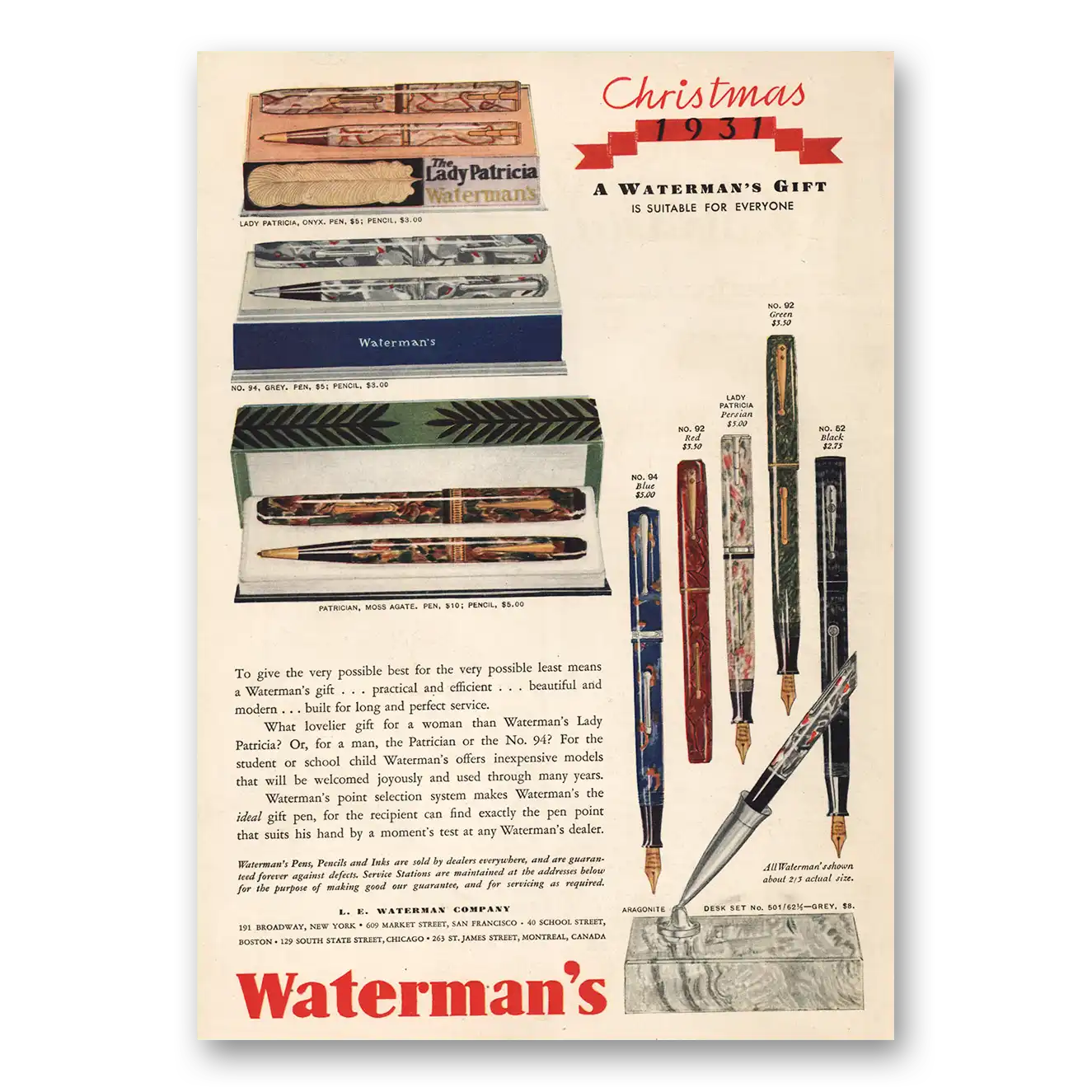 1931 Watermans Pen Christmas 1931 Vintage Magazine Print Ad