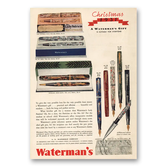 1931 Watermans Pen Christmas 1931 Vintage Magazine Print Ad