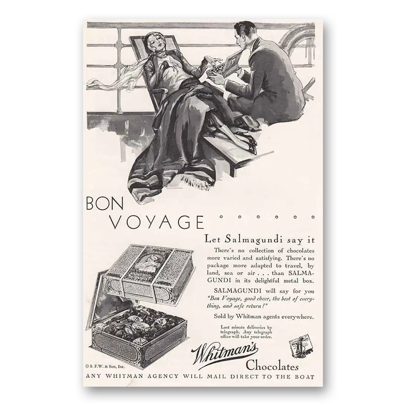 1931 Whitmans Chocolates Bon Voyage Vintage Magazine Print Ad