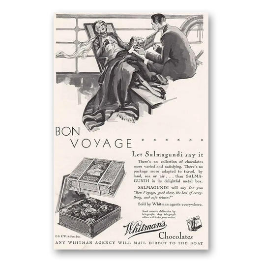 1931 Whitmans Chocolates Bon Voyage Vintage Magazine Print Ad