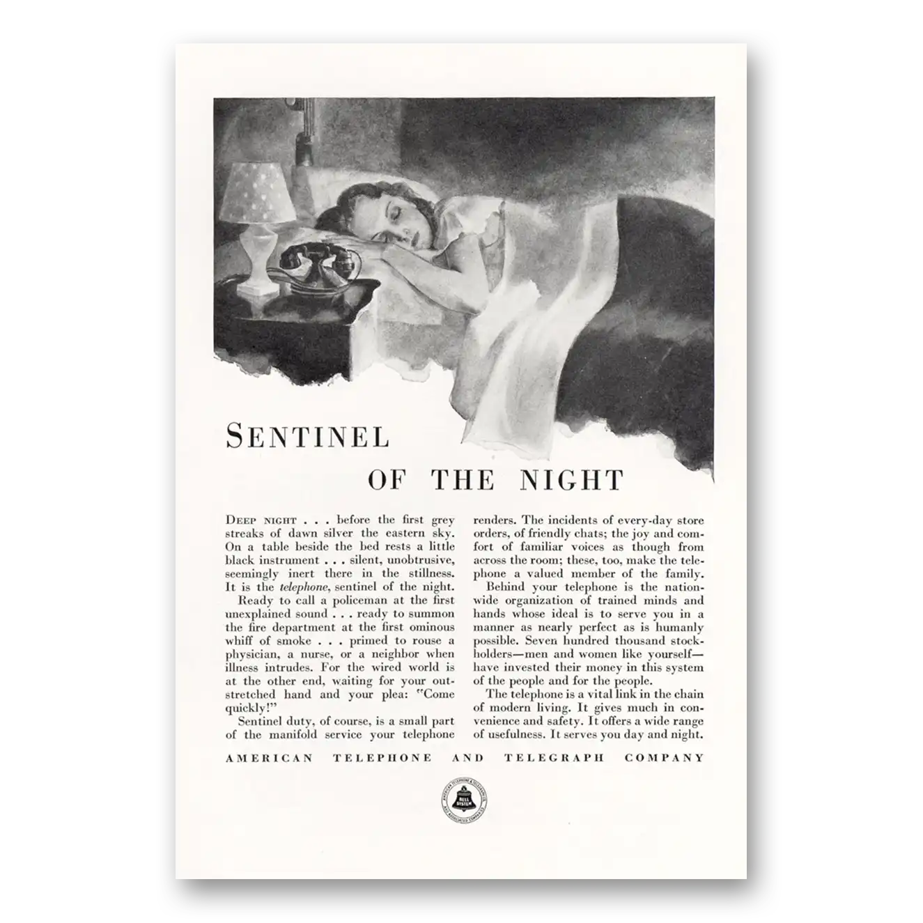 1932 American Telephone Sentinel of the Night Vintage Magazine Print Ad