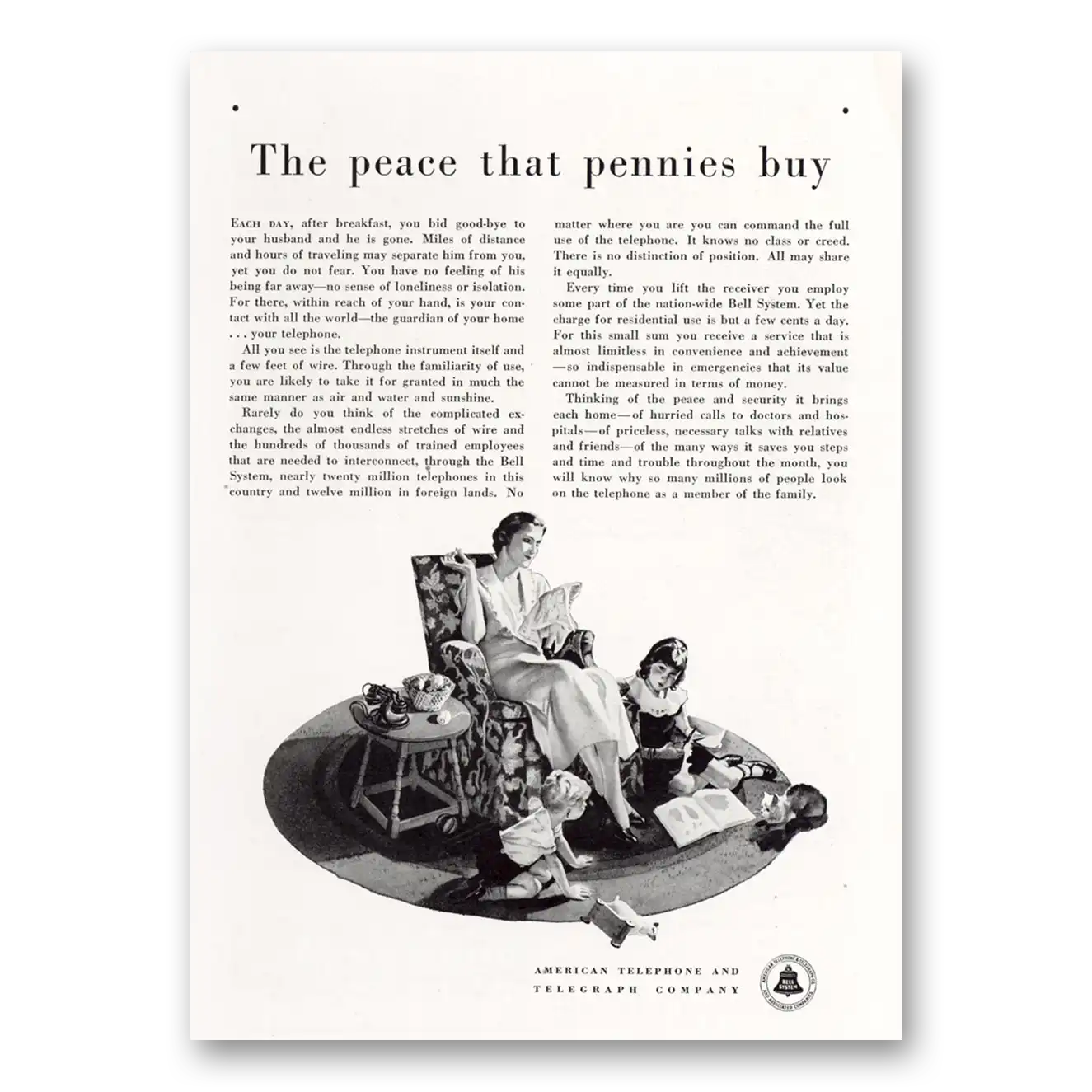 1932 American Telephone Peace that Pennies Buy Vintage Magazine Print Ad