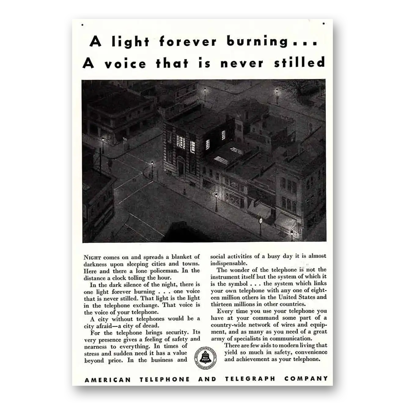 1932 American Telephone Light Forever Burning Vintage Magazine Print Ad