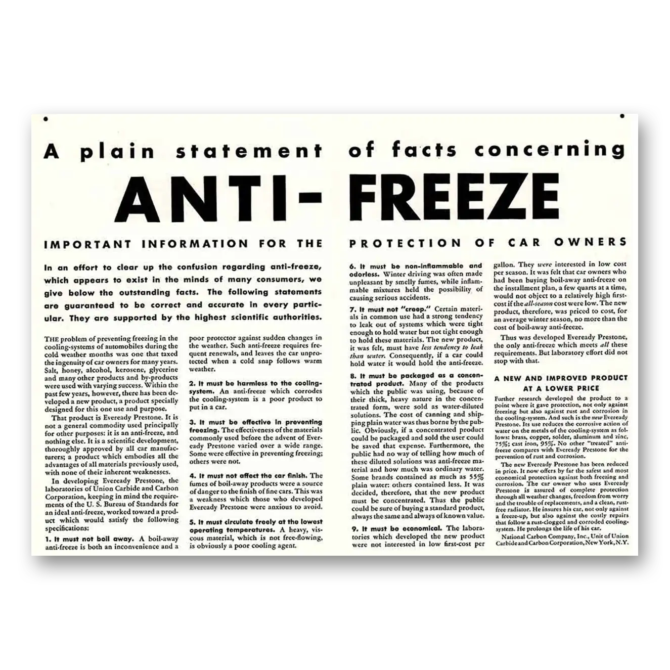 1932 National Carbon Anti Freeze A Plain Statement Vintage Magazine Print Ad