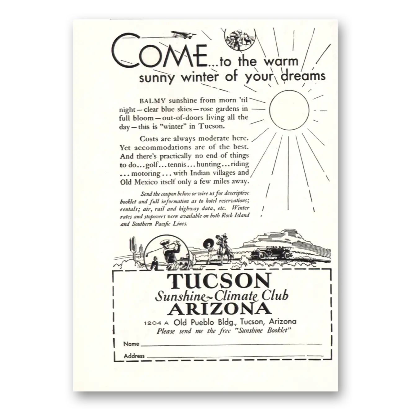 1932 Tucson Arizona Sunny Winter of Your Dreams Vintage Magazine Print Ad