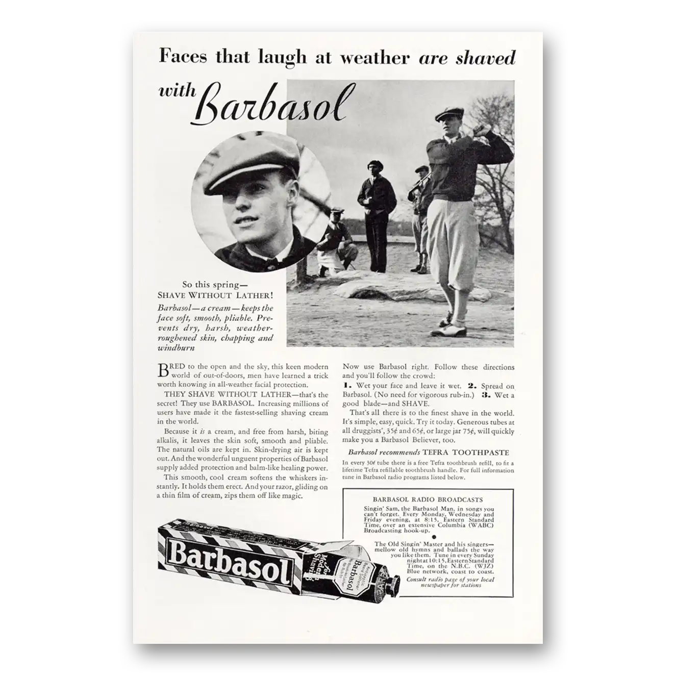 1932 Barbasol Shaving Cream Faces That Laugh at Weather Golf Vintage Magazine Print Ad