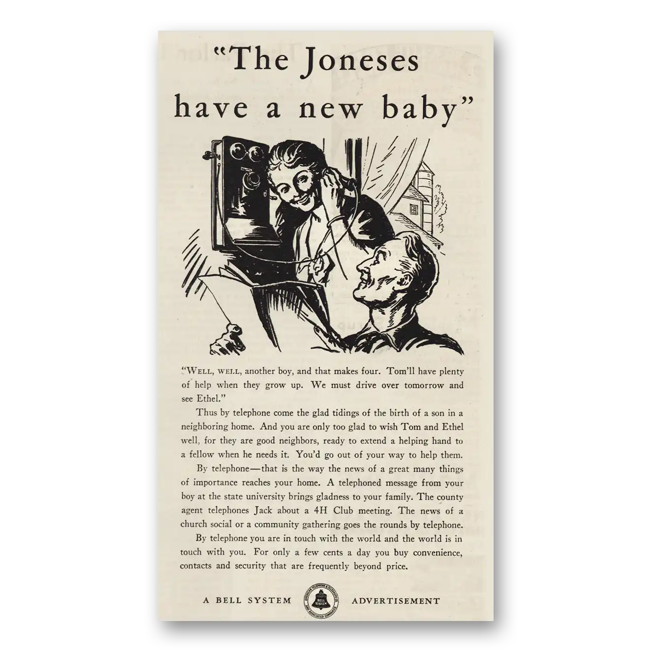 1932 Bell Telephone Joneses Have a New Baby Vintage Magazine Print Ad