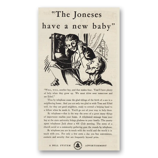 1932 Bell Telephone Joneses Have a New Baby Vintage Magazine Print Ad