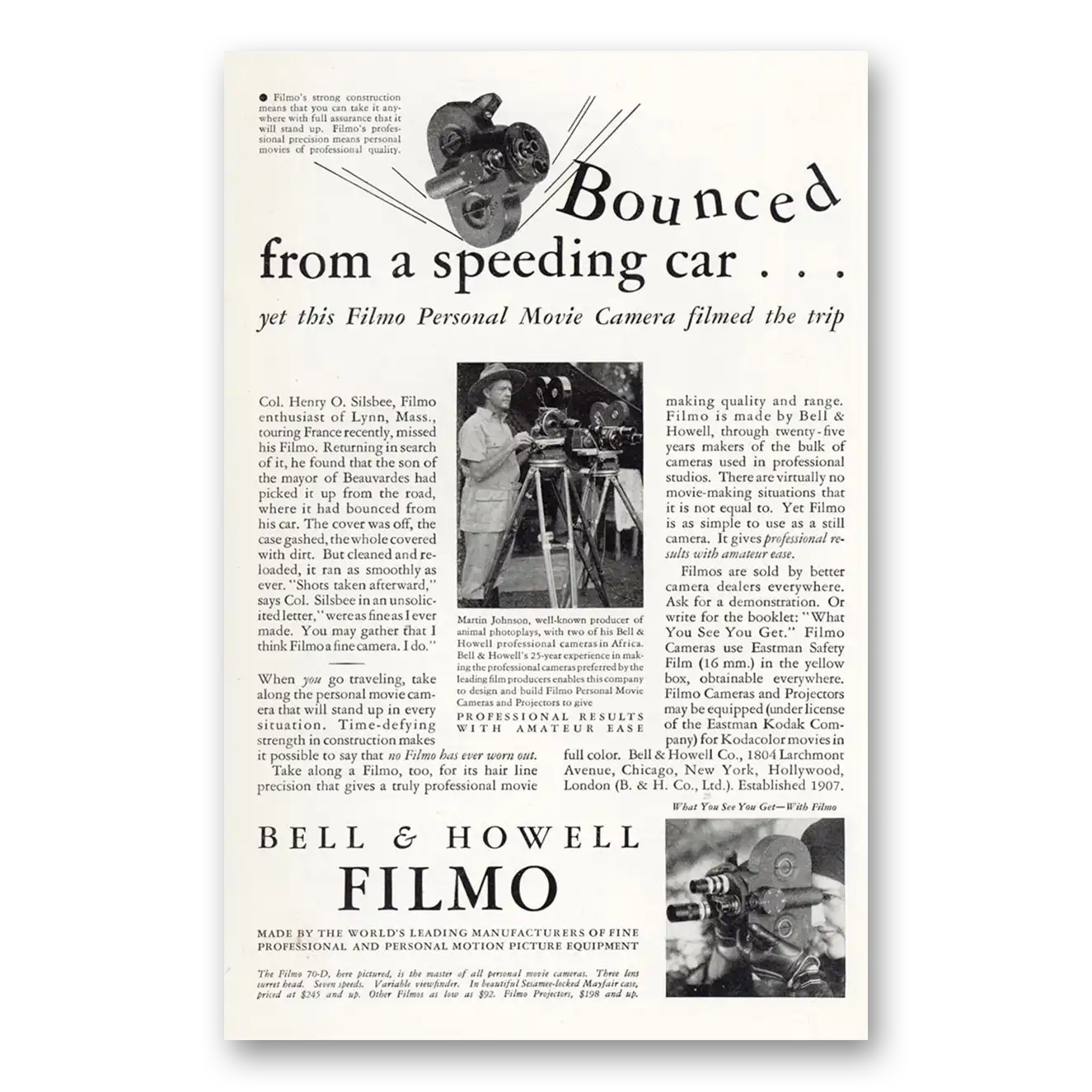 1932 Filmo Camera Bounced From a Speeding Car Vintage Magazine Print Ad